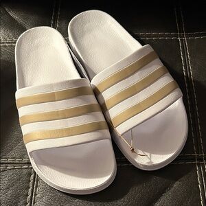 adidas Men's White and Tan/Gold Slide Sandals Size 9
